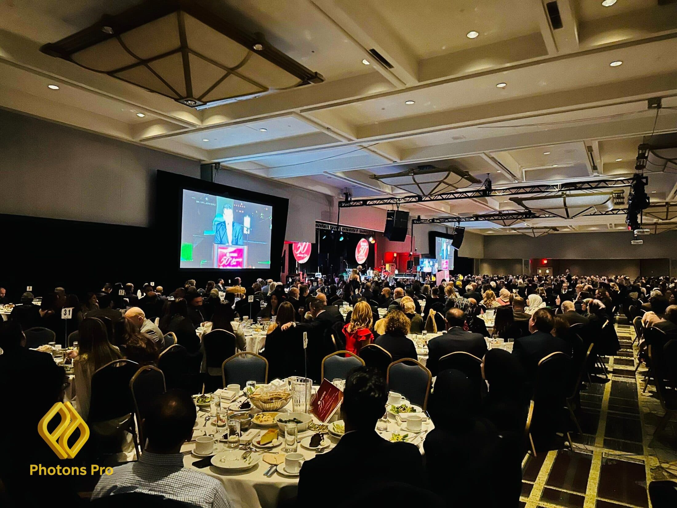 Corporate event production setup with AV lighting and LED screens for business events in Newark and Bergen County.