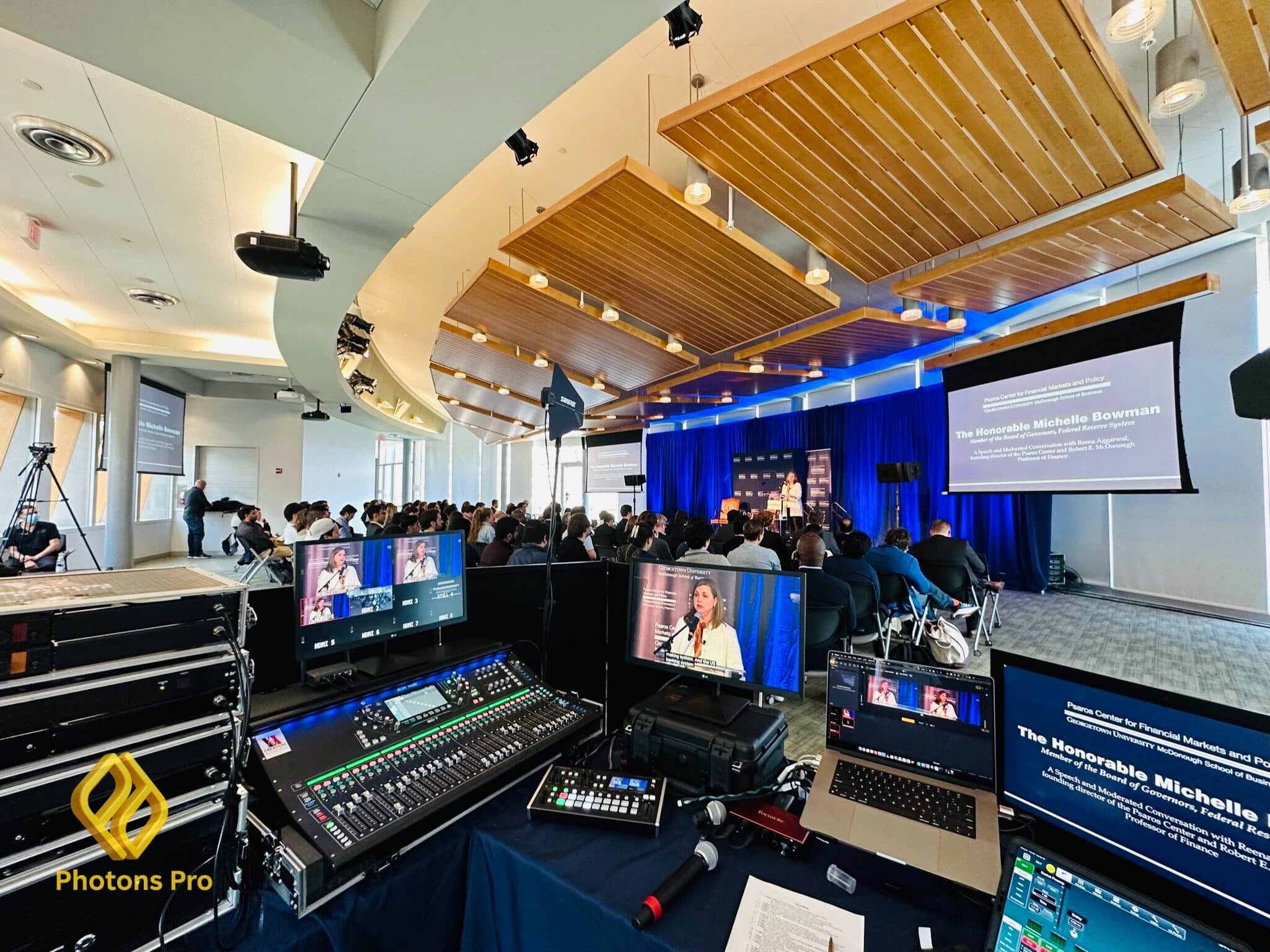 Corporate event production setup with AV lighting and LED screens for business events in Jersey City and Boston.